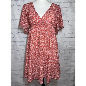 NWT Moosis Ditzy Floral Red Plunging V-Neck V-Back Dress Sz Large Lined Sundress